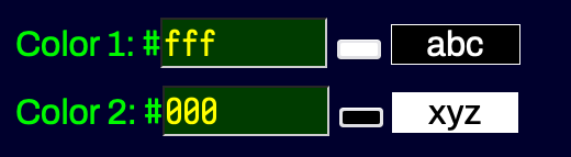 Screenshot: Two settings, labeled color #1 and color #2. Both are followed by # and then a text-input box (with RGB hex-triplets) and then the Safari's built-in color-picking widget.