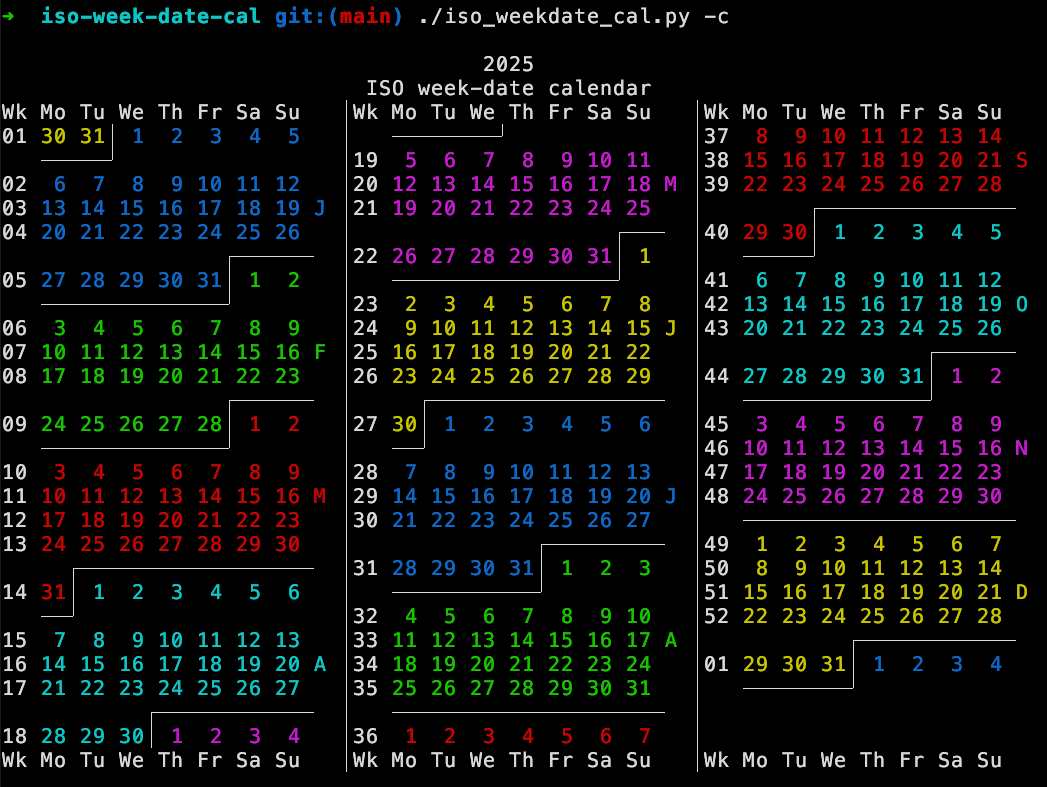 Screen shot of this program being run in a terminal session. The output is a 2025 calendar in color with the ISO weeks indicated.