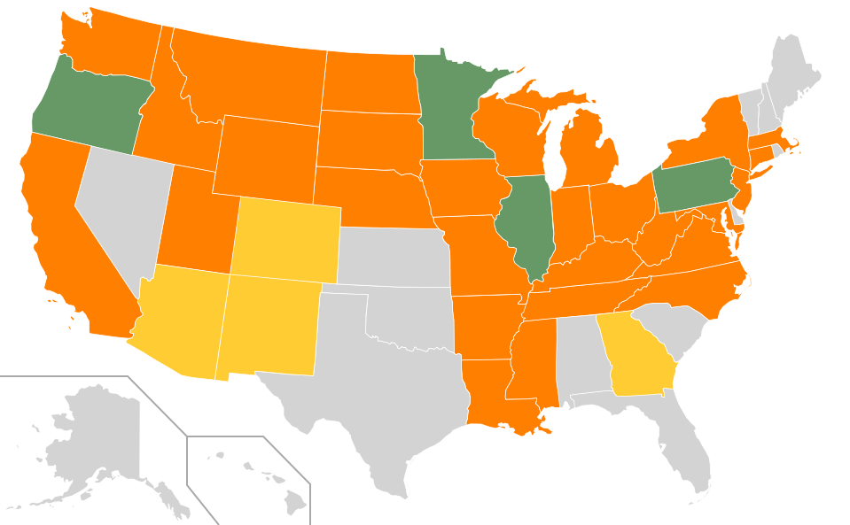 A map of the USA with states colored based on my travel history